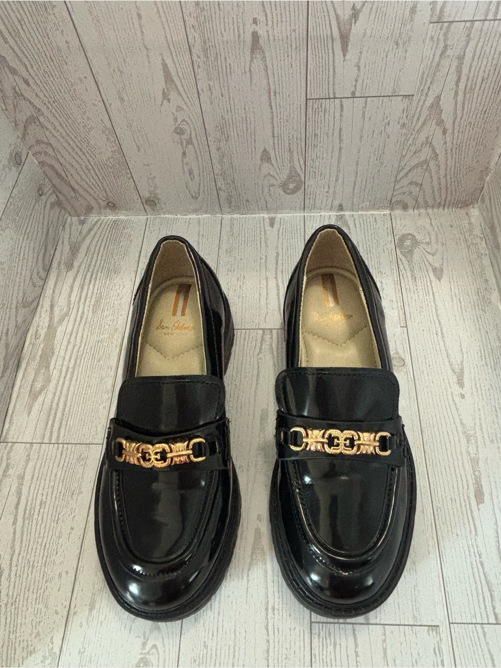 Sam Edelman Black Patent Loafers with Gold Hardware - Kids